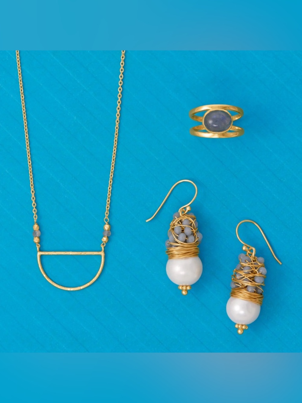 14K Gold plated Labradorite Pearl Jewelry Set Necklace Earrings & Ring Luxe Trio